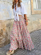 Women's Bohemian Floral Print Tiered Maxi Skirt with High Waist, Flowy A-Line Silhouette and Ruffle Hem