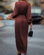 Damen Wickel-Midikleid mit drapiertem Taillenbereich und langen Ärmeln für elegante Anlässe