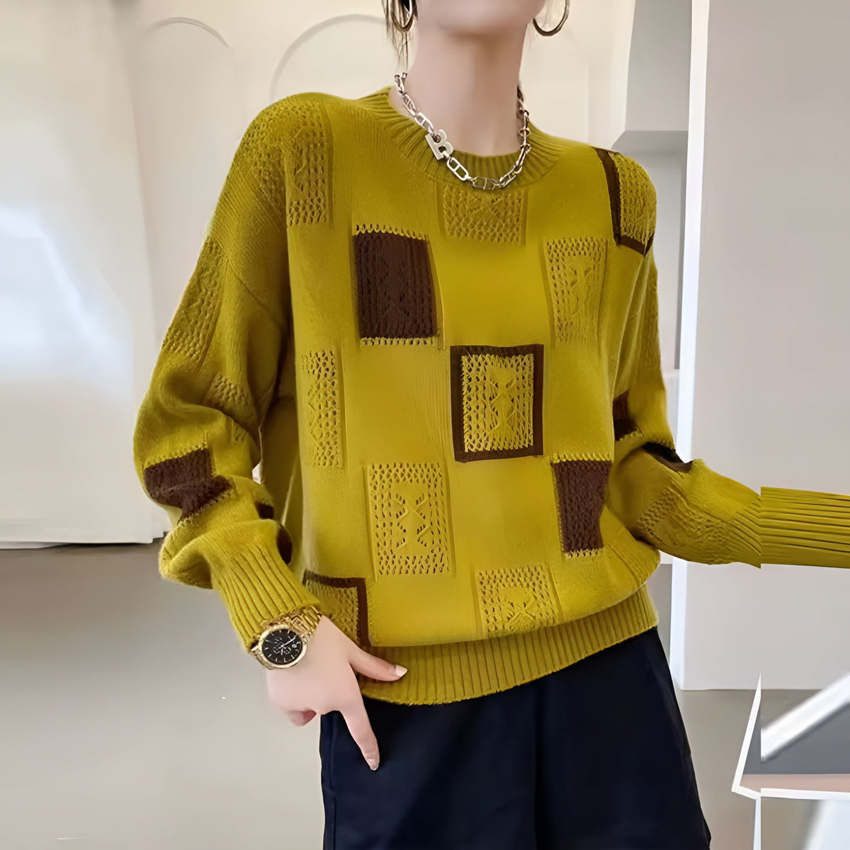 Pull en tricot patchwork pour femmes