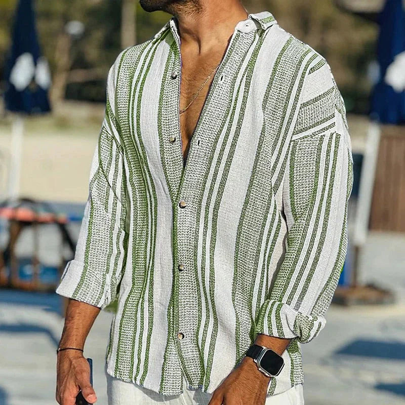 Men's Striped Cotton Linen Shirt with Long Sleeves for Summer Wear