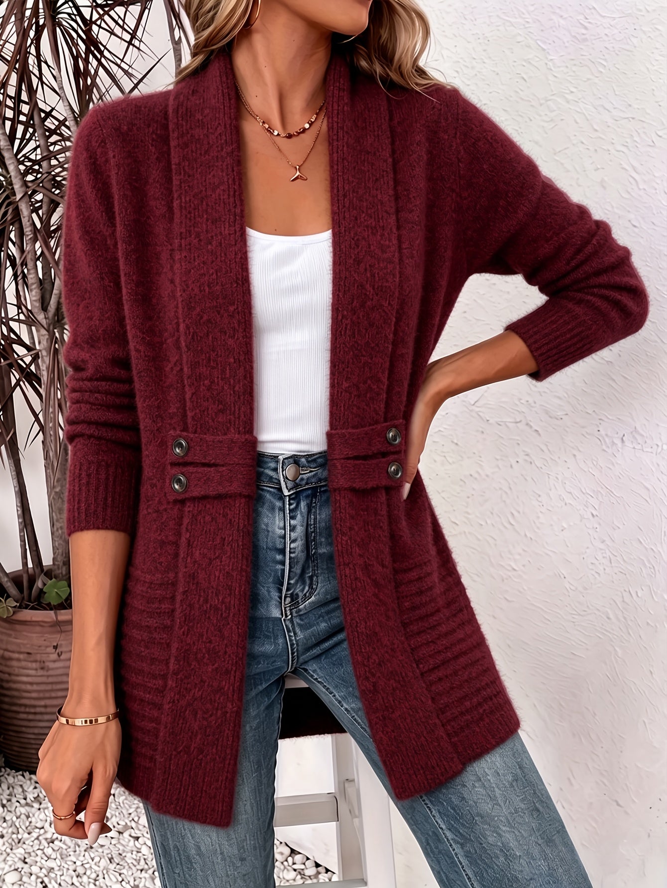 Women's Open Front Shawl Collar Knit Cardigan Sweater
