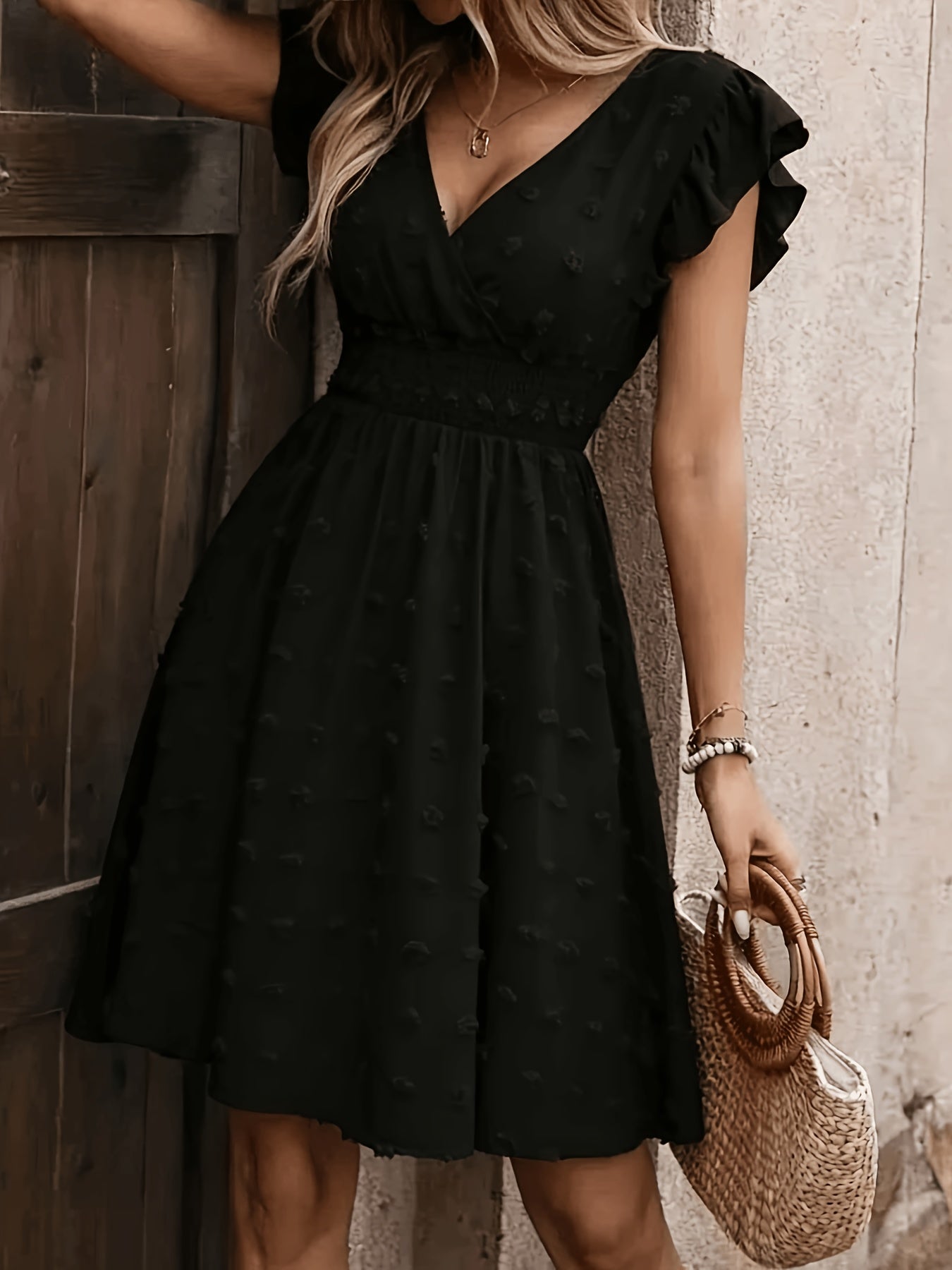 Women's Textured Midi Dress with Shirred Waist and Flutter Sleeves