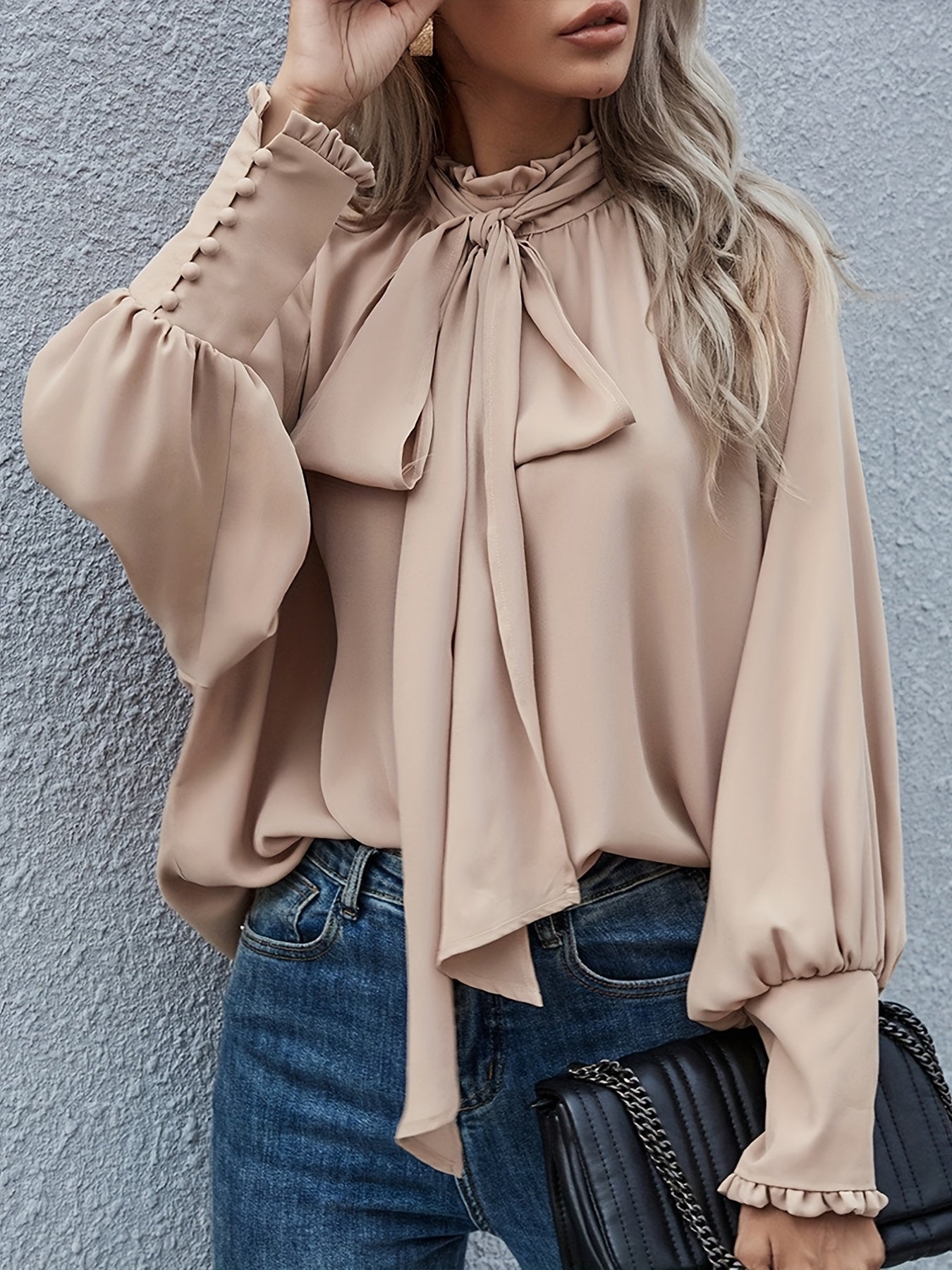 Women’s Tie-Neck Blouse with Flowing Fit and Elegant Long Sleeves