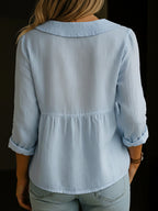 Women's Cotton Linen Blouse with Rounded Collar and Button-Front Design