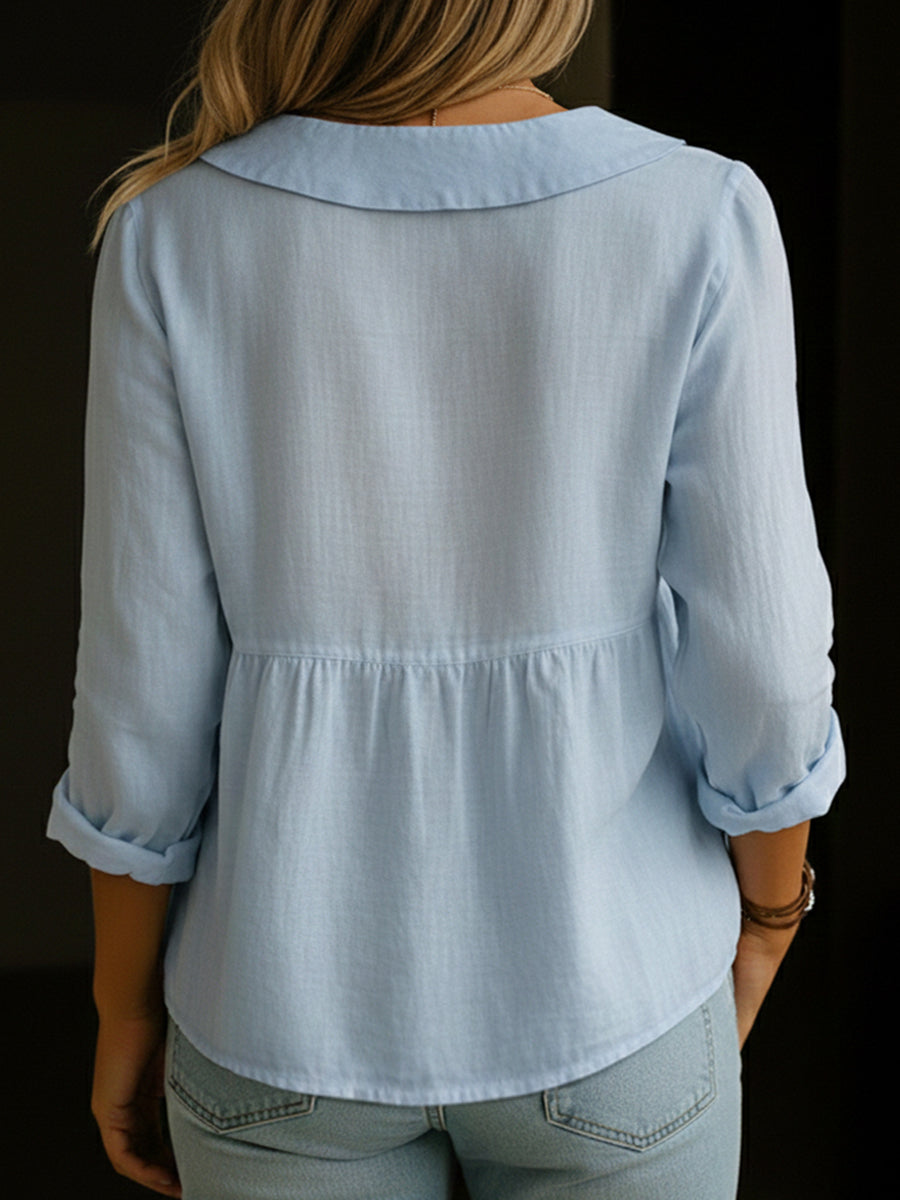 Women's Cotton Linen Blouse with Rounded Collar and Button-Front Design