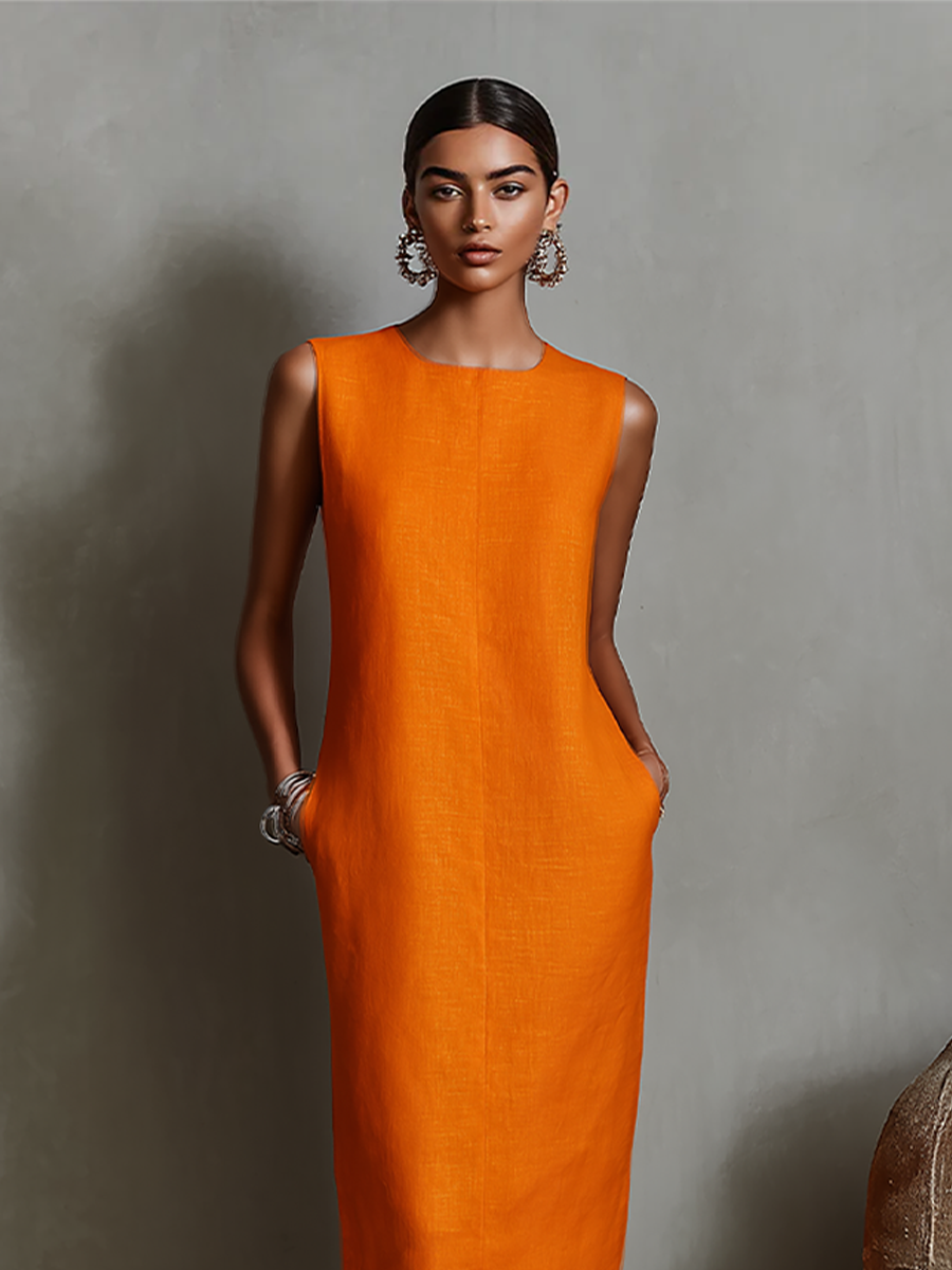 Women's Sleeveless Round Neck Midi Dress with Pockets