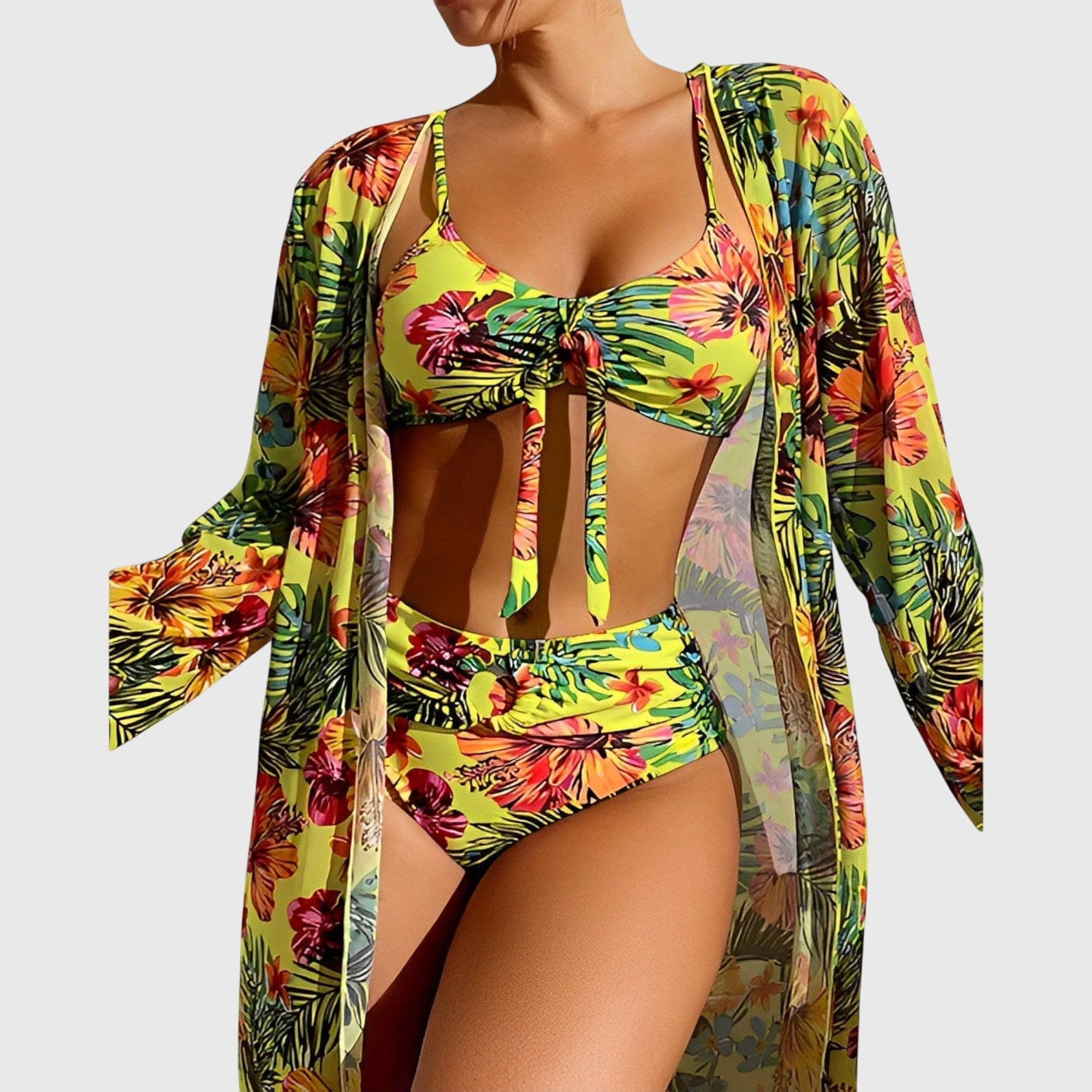 Ensemble bikini trois pièces tropical à fleurs pour femme avec paréo transparent  