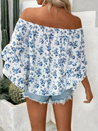 Women's Blue Floral Off-Shoulder Smocked Blouse