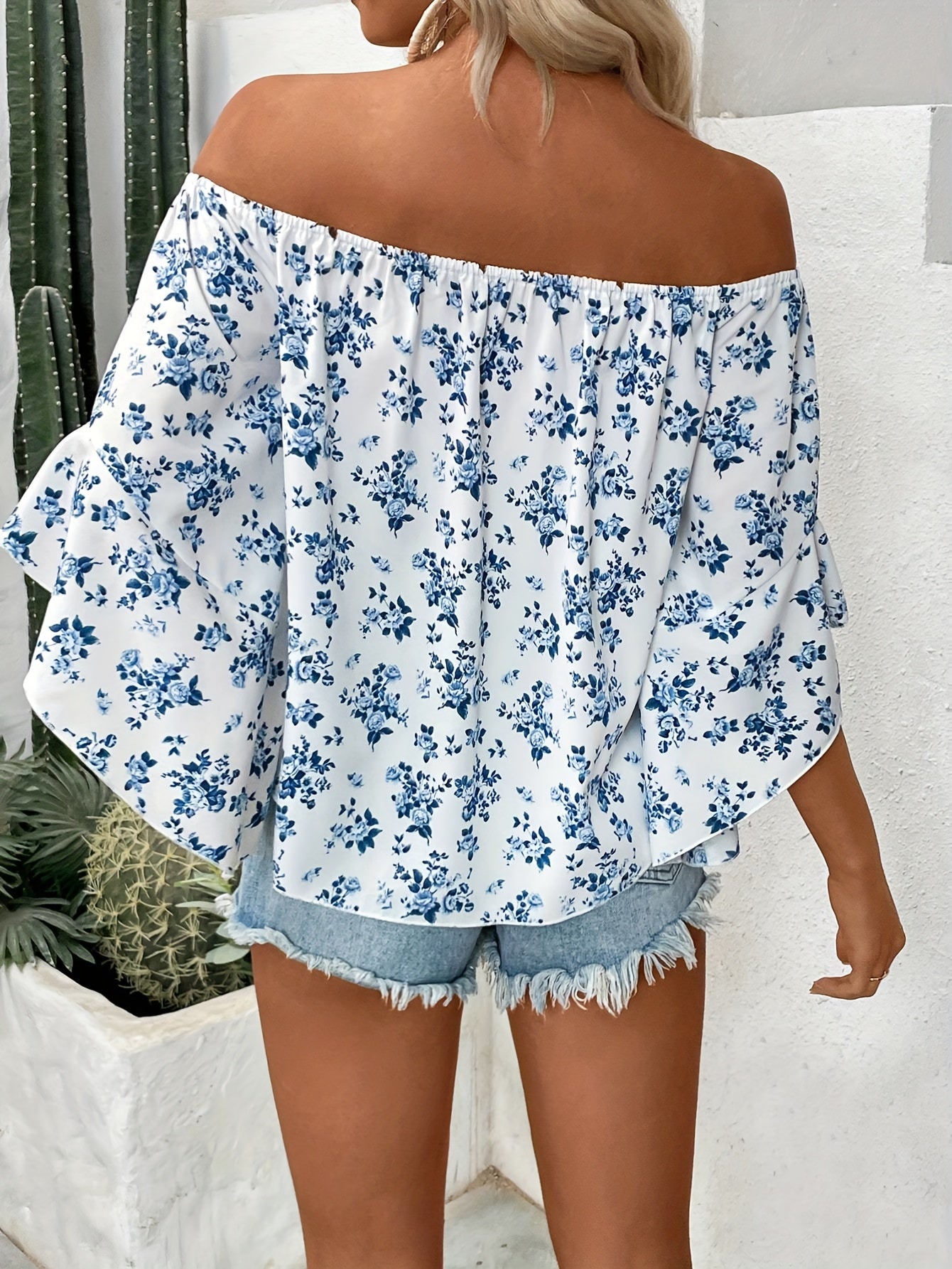 Women's Blue Floral Off-Shoulder Smocked Blouse