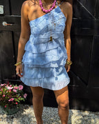 Damen Mini-Kleid mit einer Schulter, Rüschen und locker fließender Passform