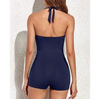 Women's Halter Swimsuit with Shaping Ruching and Built-In Shorts