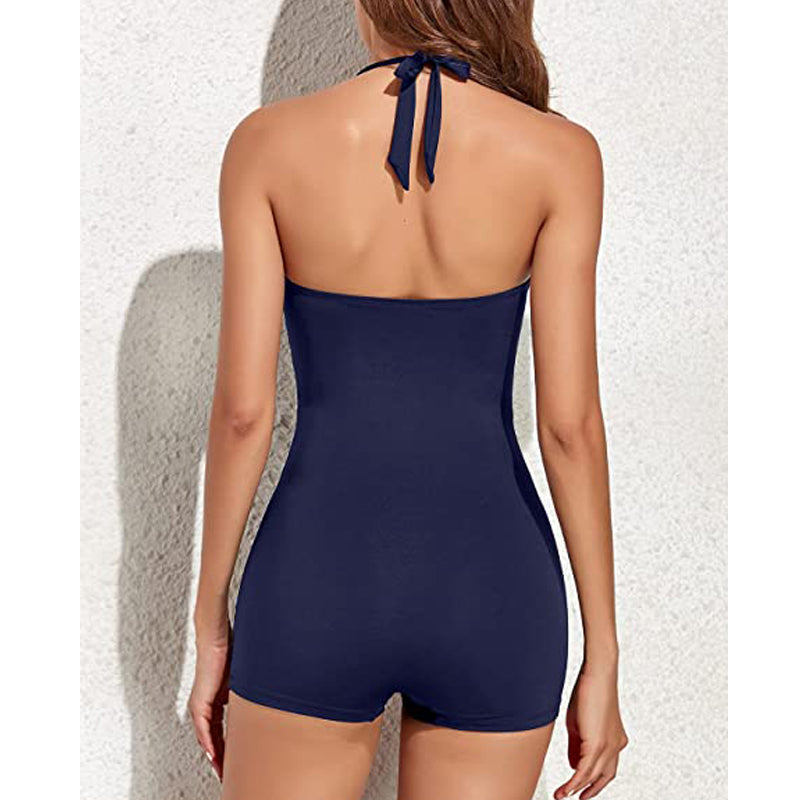 Women's Halter Swimsuit with Shaping Ruching and Built-In Shorts
