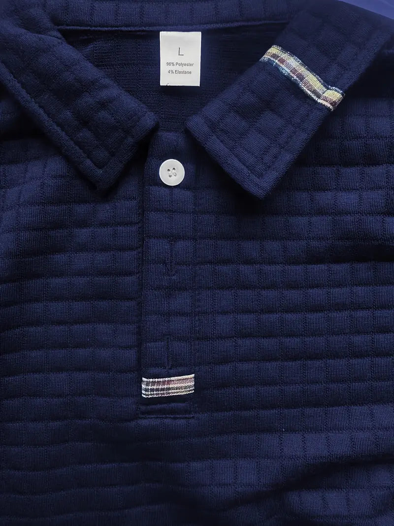 Polo à manches longues texturé pour homme avec fermeture à boutons quart de zip