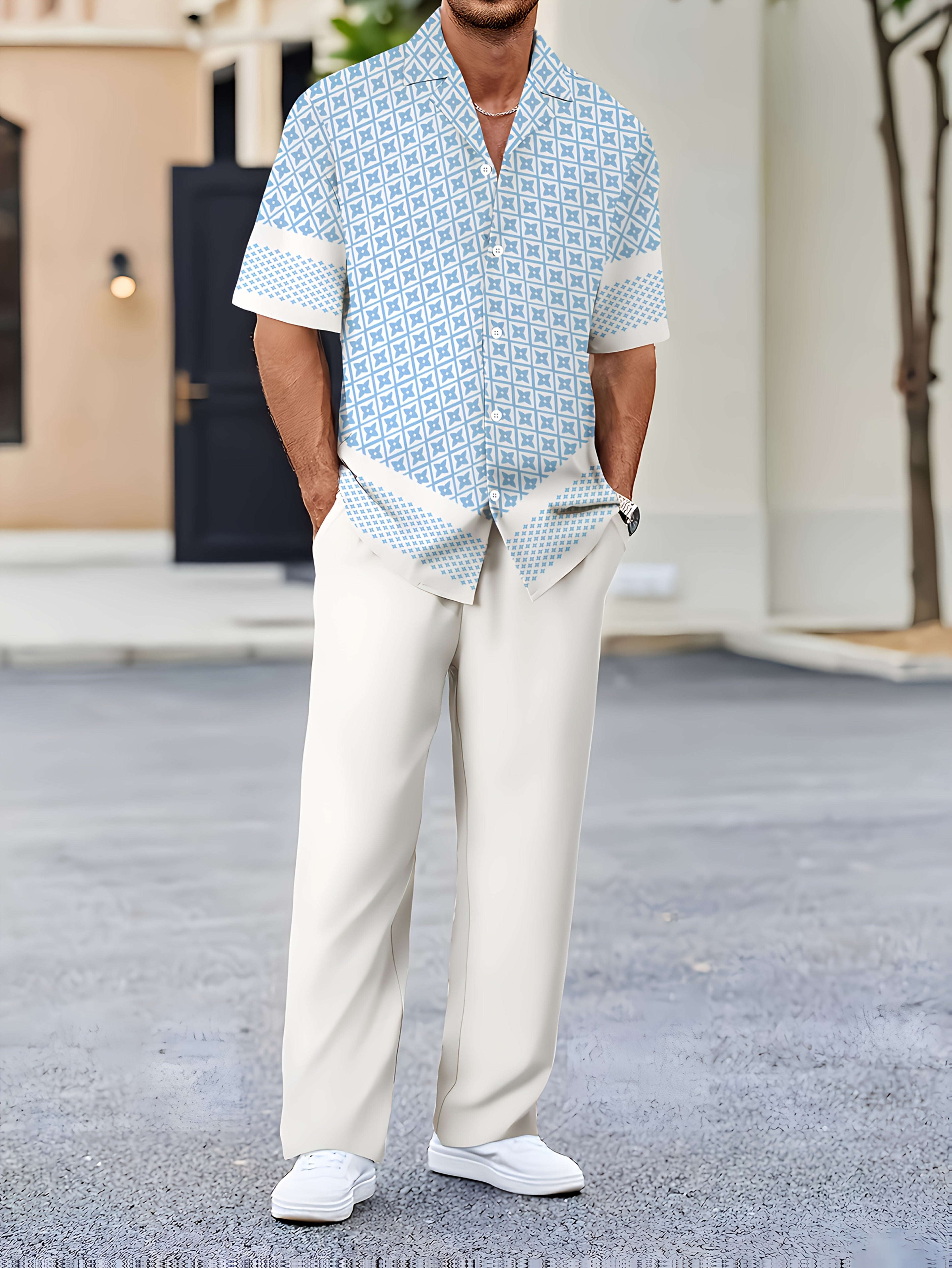 Men's Geometric Button-Up Shirt & Trousers Set
