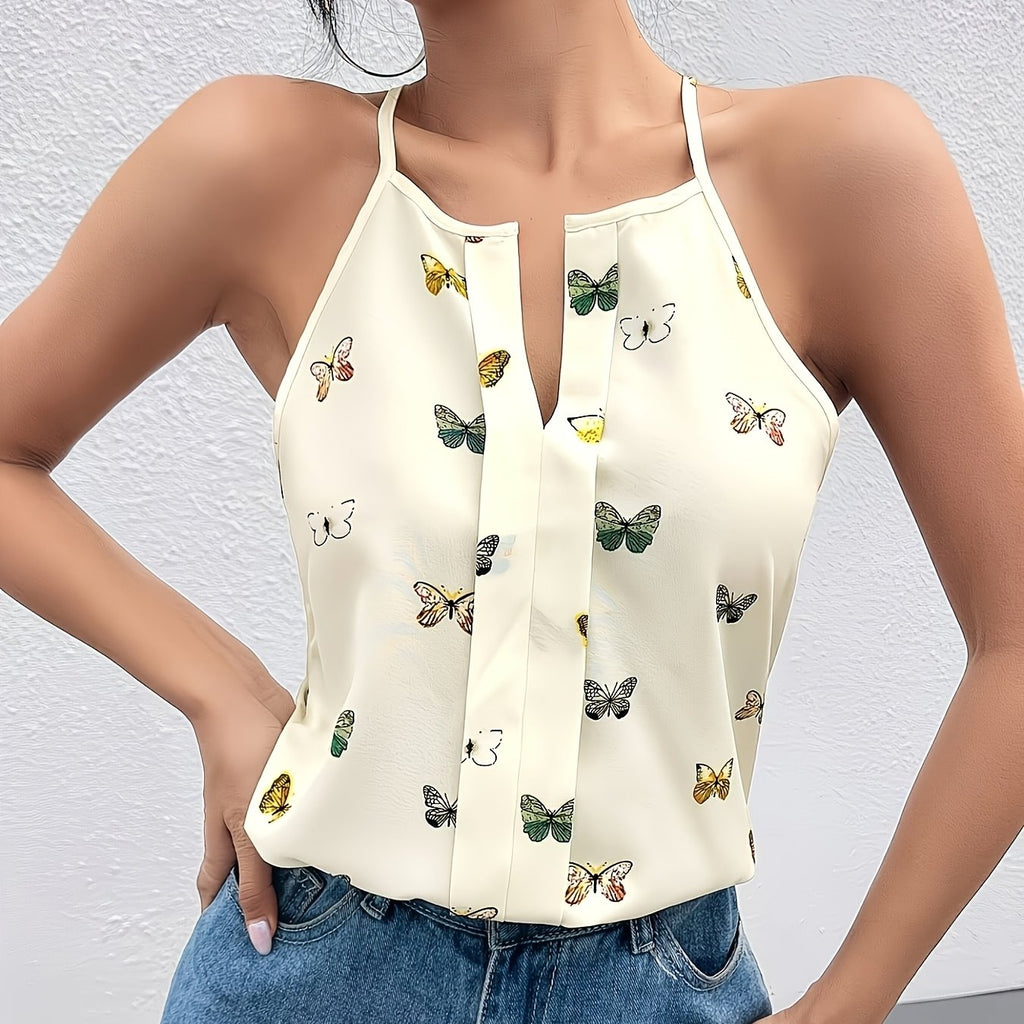 Women's Butterfly Print Sleeveless Keyhole Neck Blouse