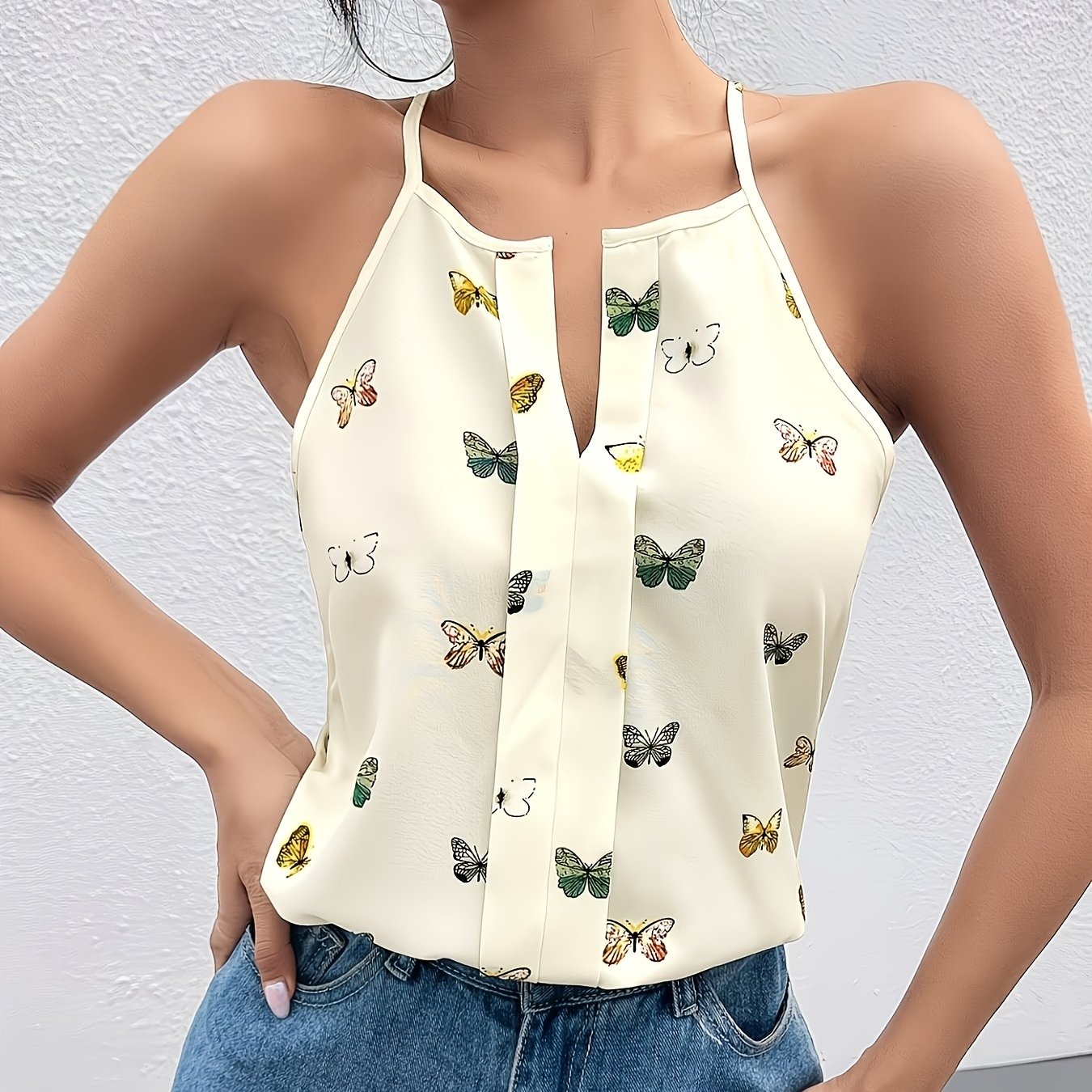 Women's Butterfly Print Sleeveless Keyhole Neck Blouse