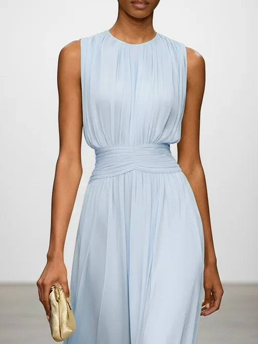Ärmelloses Chiffon-Maxikleid für Damen mit geraffter Taille und fließendem Saum