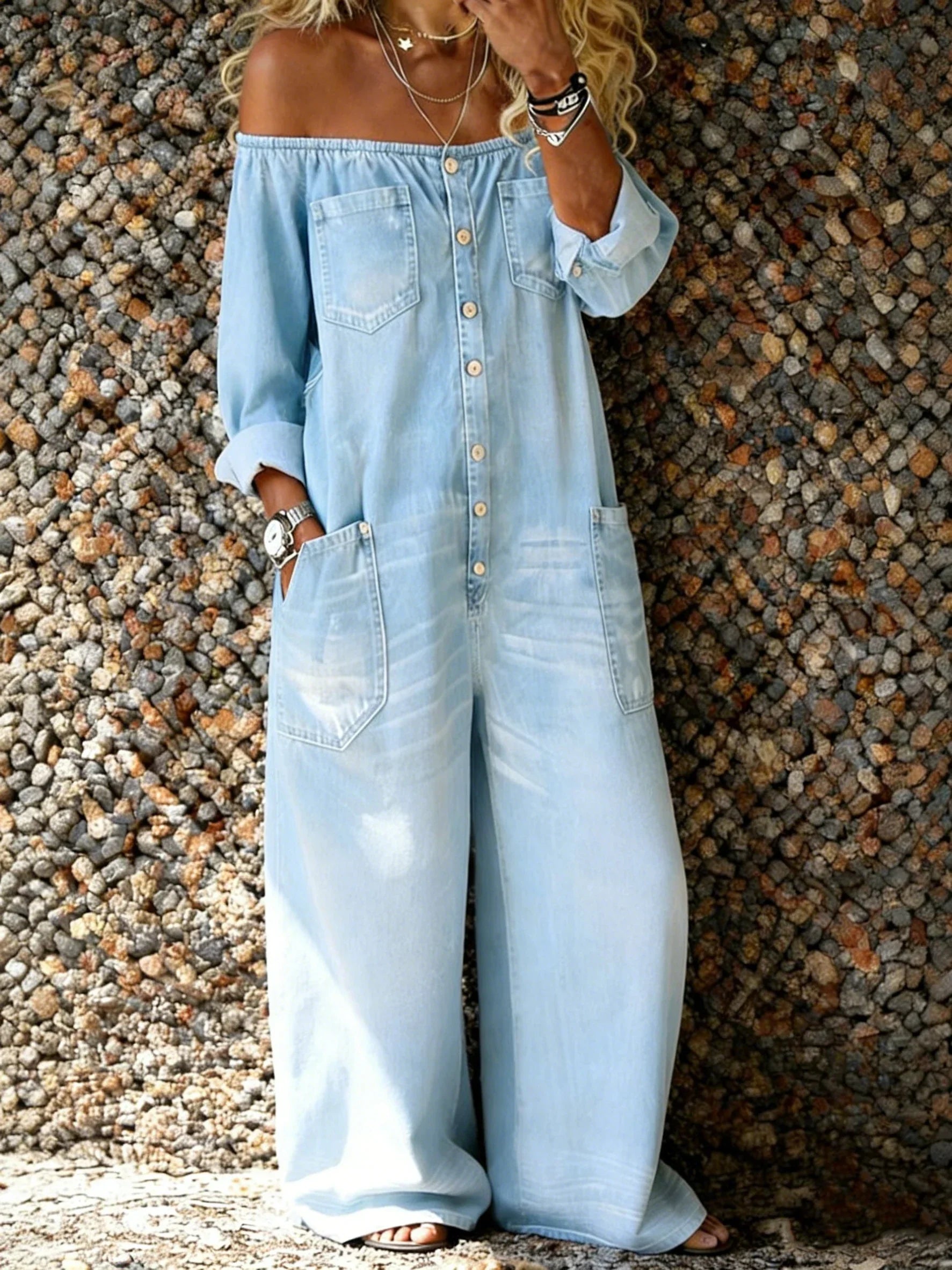 Women's Off-Shoulder Denim Wide-Leg Jumpsuit