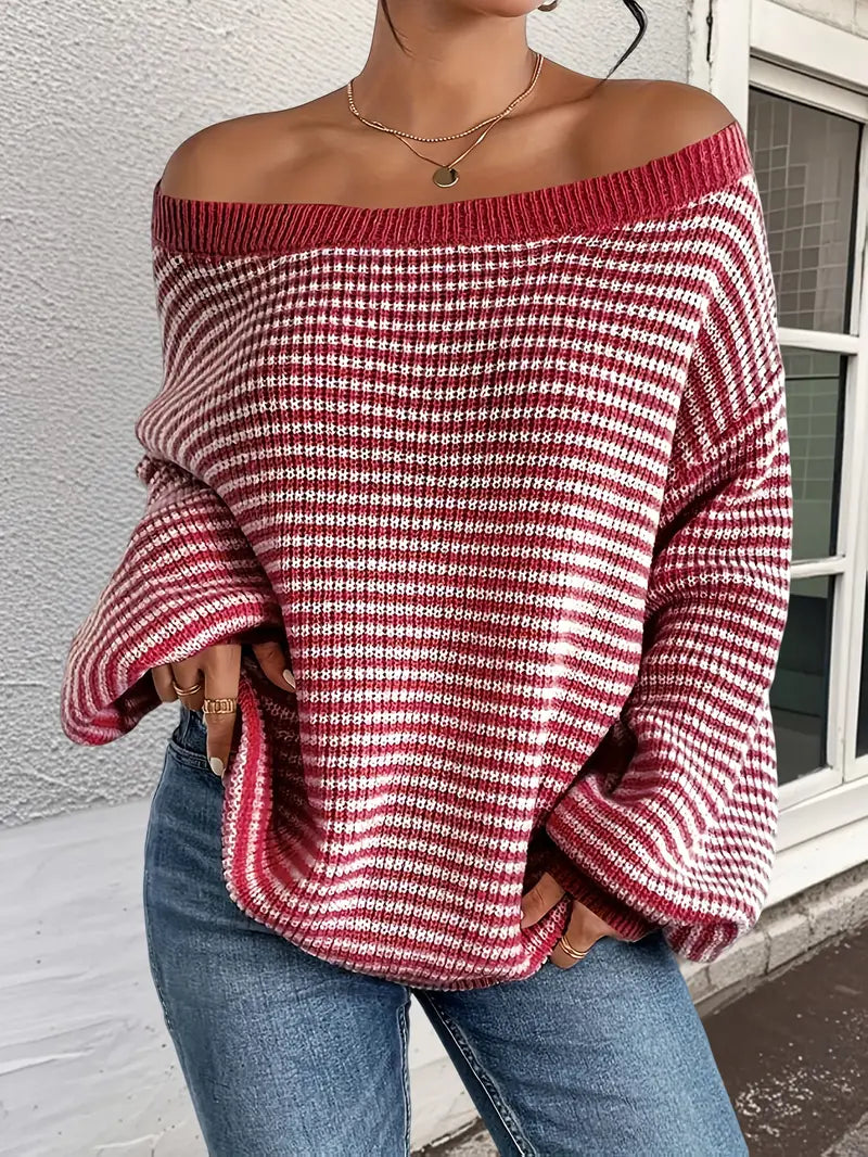Women's Striped Boat Neck Sweater with Relaxed Fit
