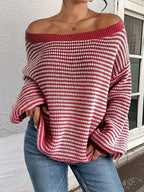 Women's Striped Boat Neck Sweater with Relaxed Fit