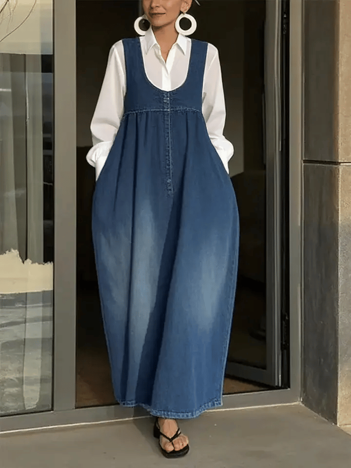 Women's Gathered Denim Pinafore Maxi Dress