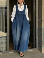 Women's Gathered Denim Pinafore Maxi Dress