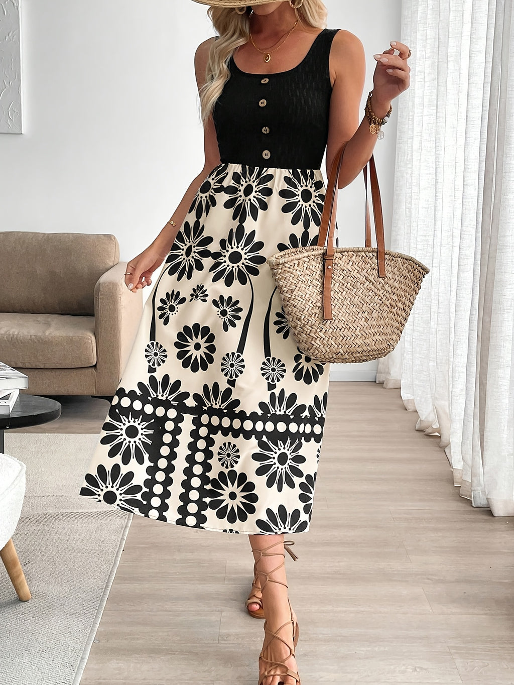 Women’s Retro Floral Midi Dress with Sleeveless Flowing Design