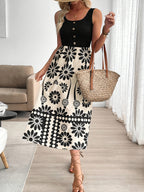 Women’s Retro Floral Midi Dress with Sleeveless Flowing Design