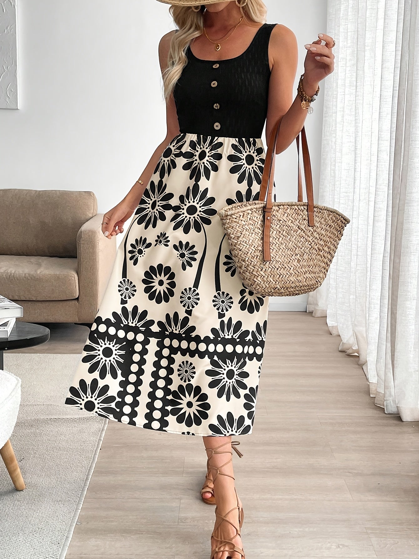 Women’s Retro Floral Midi Dress with Sleeveless Flowing Design