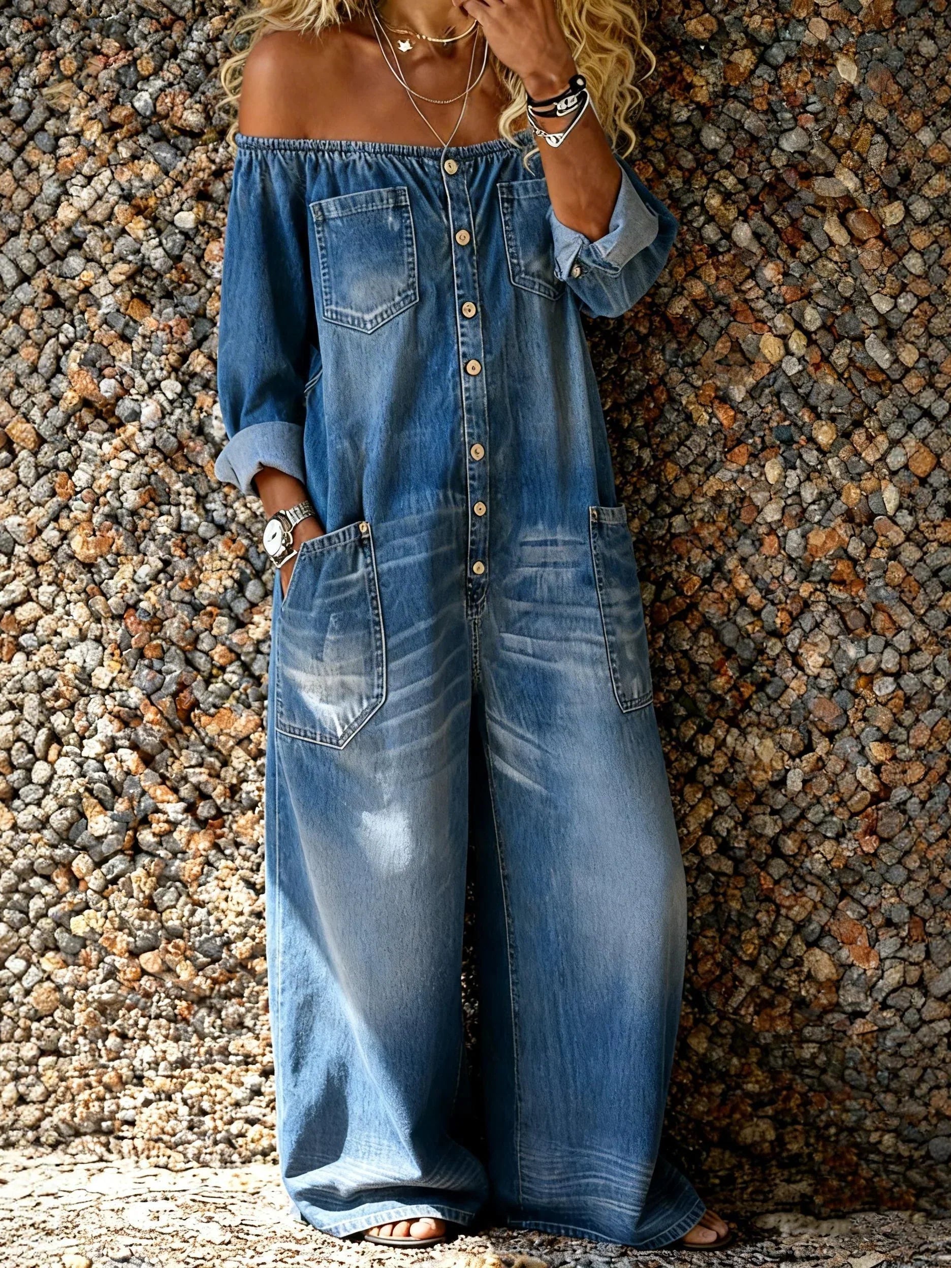 Damen-Jeans-Jumpsuit mit weitem Bein und schulterfreiem Schnitt