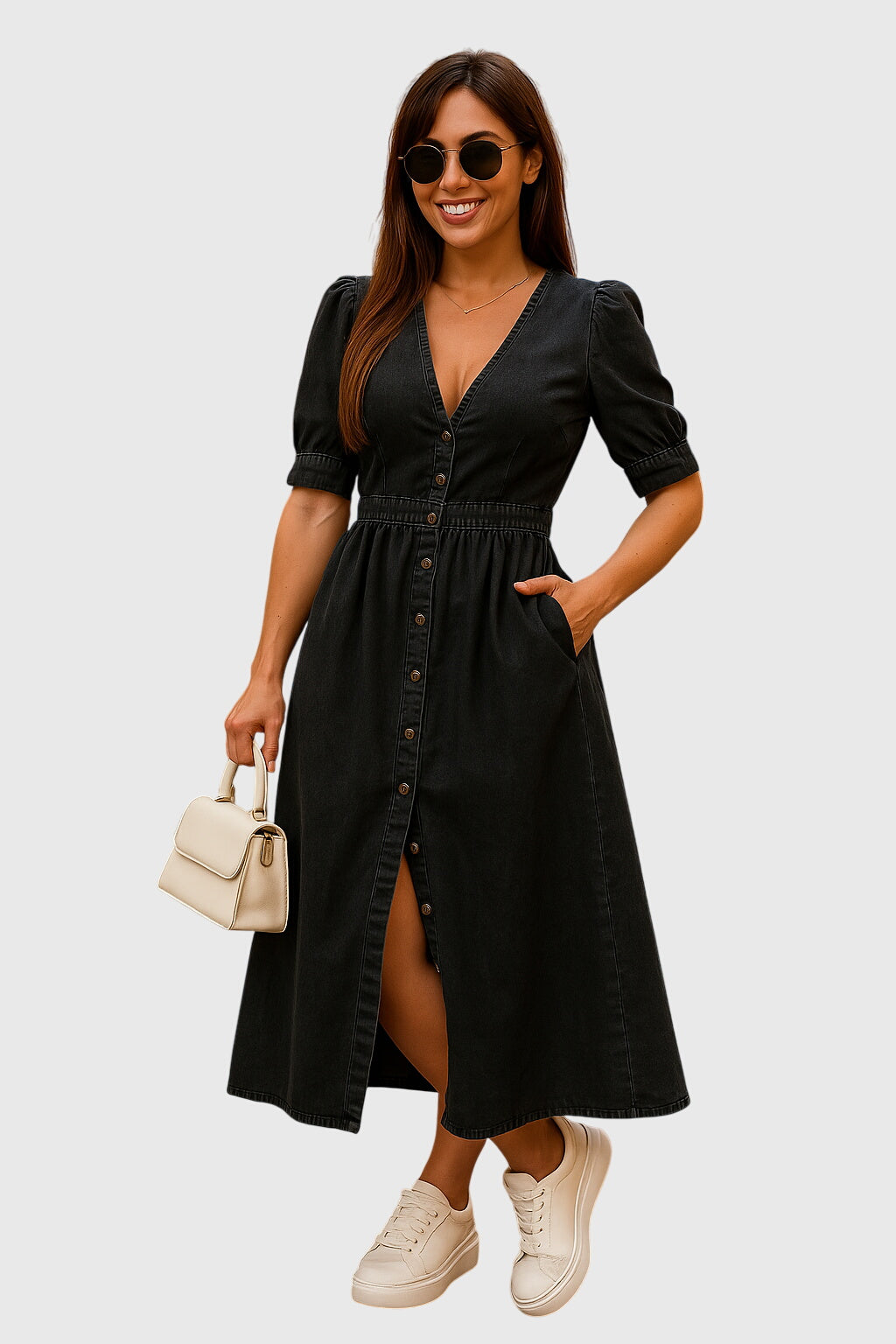 Robe midi en jean pour femme à boutons sur le devant