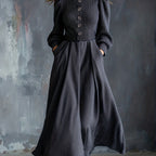 Women's Long-Sleeve Maxi Dress with High Neck and Flared Skirt