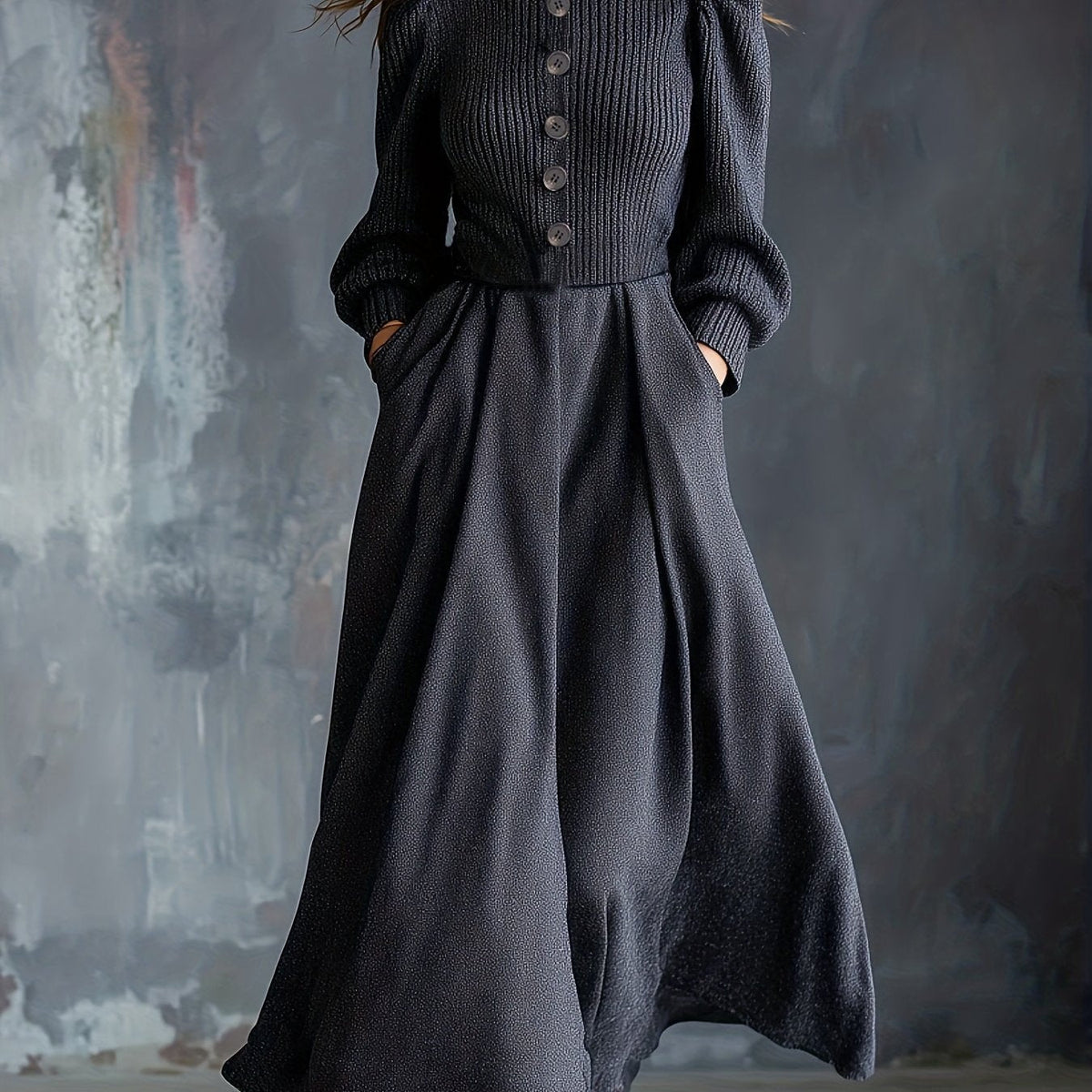 Women's Long-Sleeve Maxi Dress with High Neck and Flared Skirt