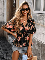 Women's Floral V-Neck Blouse with Shirred Waist and Flared Hem