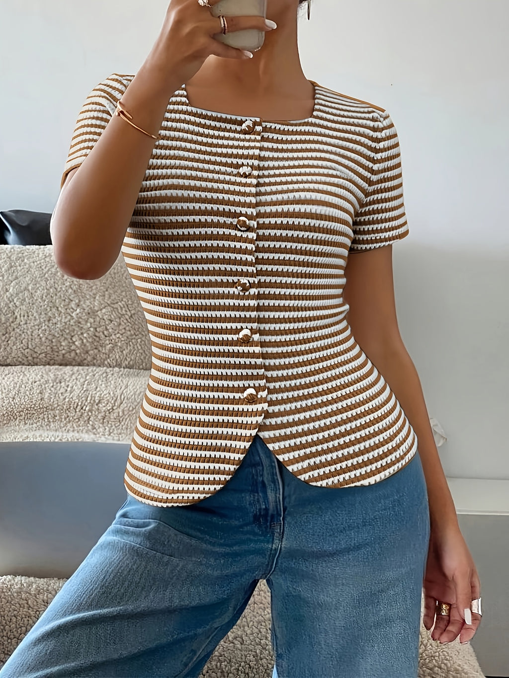 Women's Striped Button Front Short Sleeve Knit Top