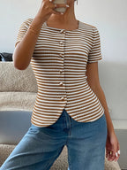 Women's Striped Button Front Short Sleeve Knit Top