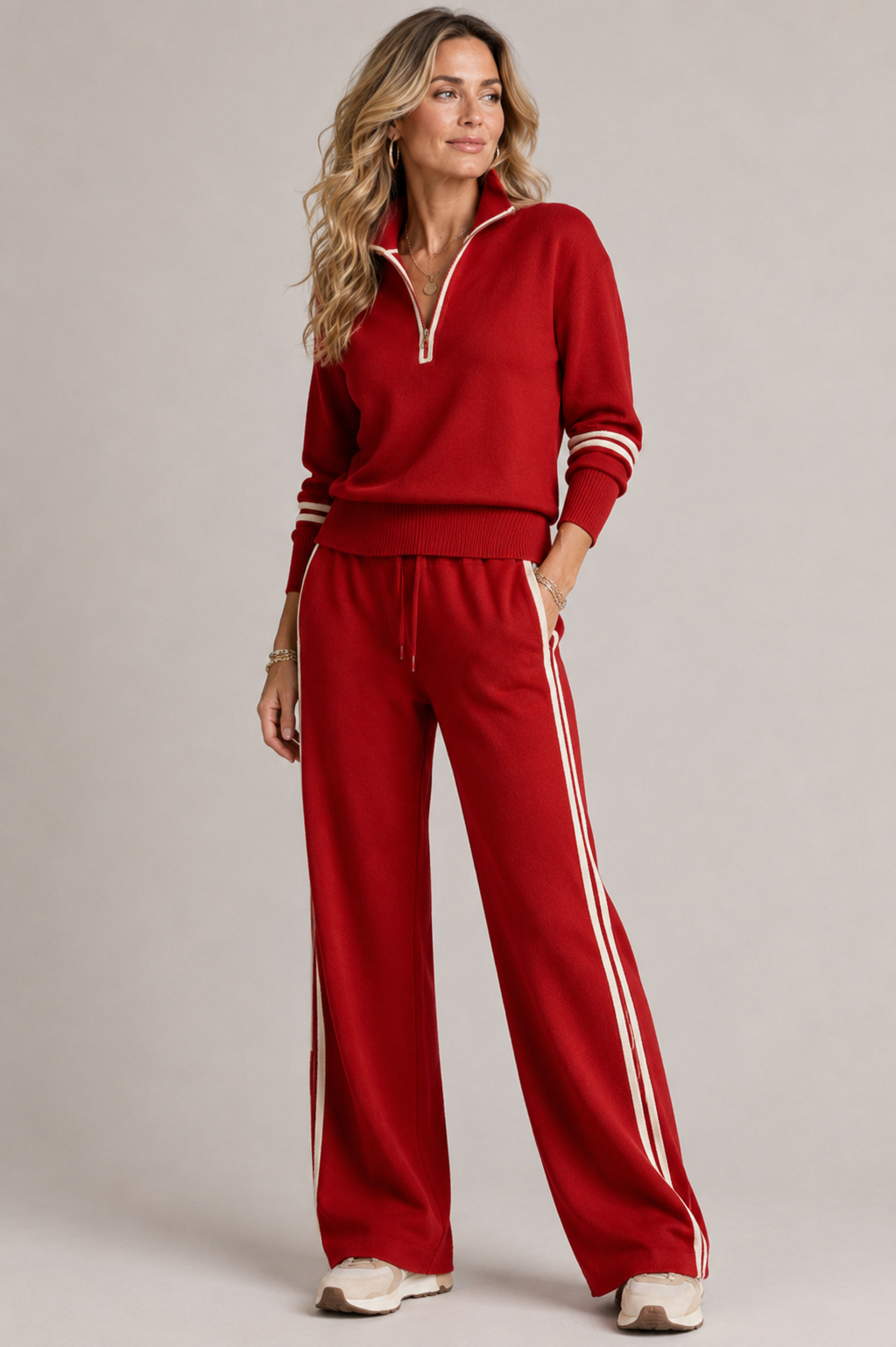 Ensemble deux pièces pour femme à demi-zip et pantalon à jambes larges