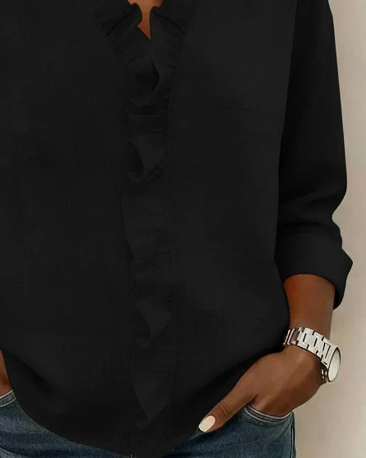 Women's Ruffle V-Neck Blouse with Long Sleeves for Elegant Everyday Wear