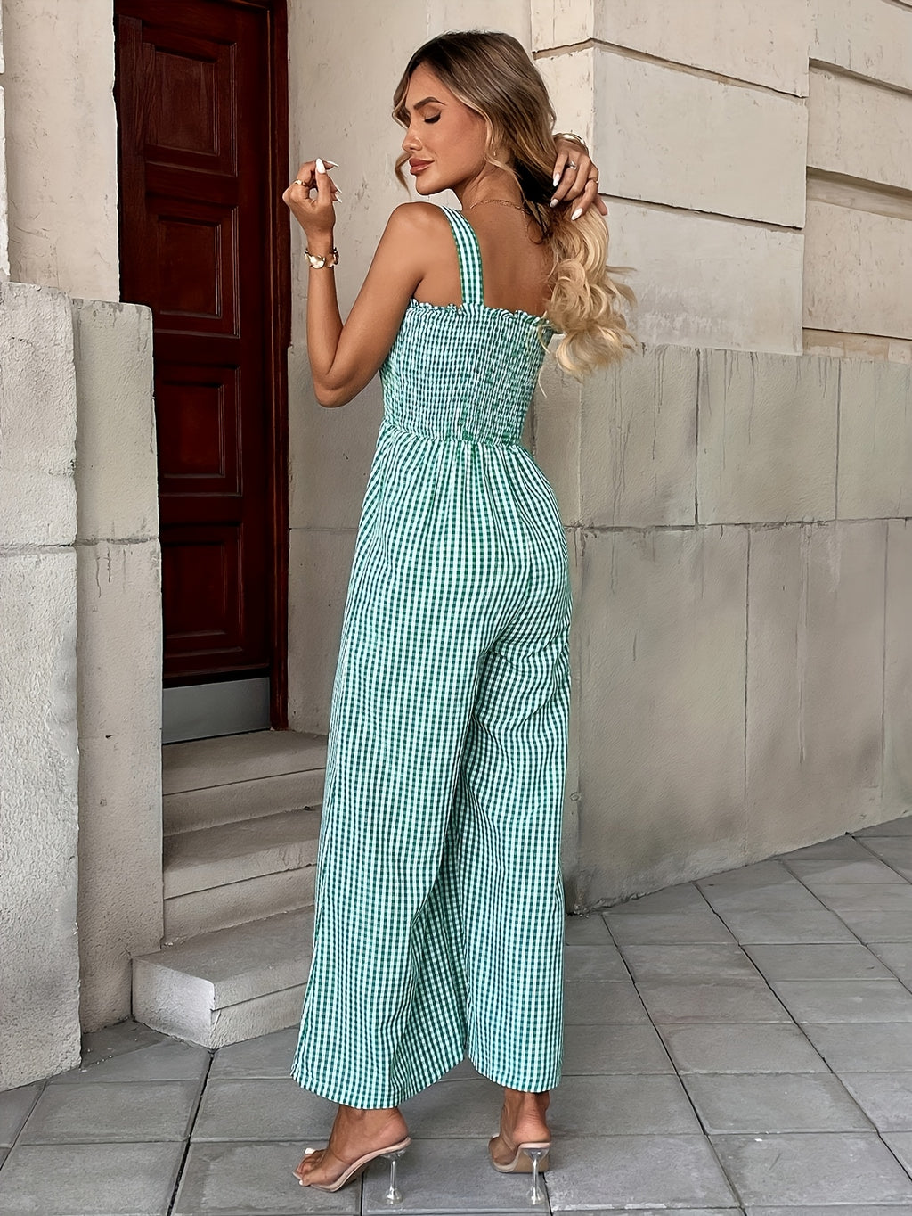 Women's Plaid Wide-Leg Jumpsuit with Shirred Bodice and Frill Detail