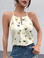 Women's Butterfly Print Sleeveless Keyhole Neck Blouse