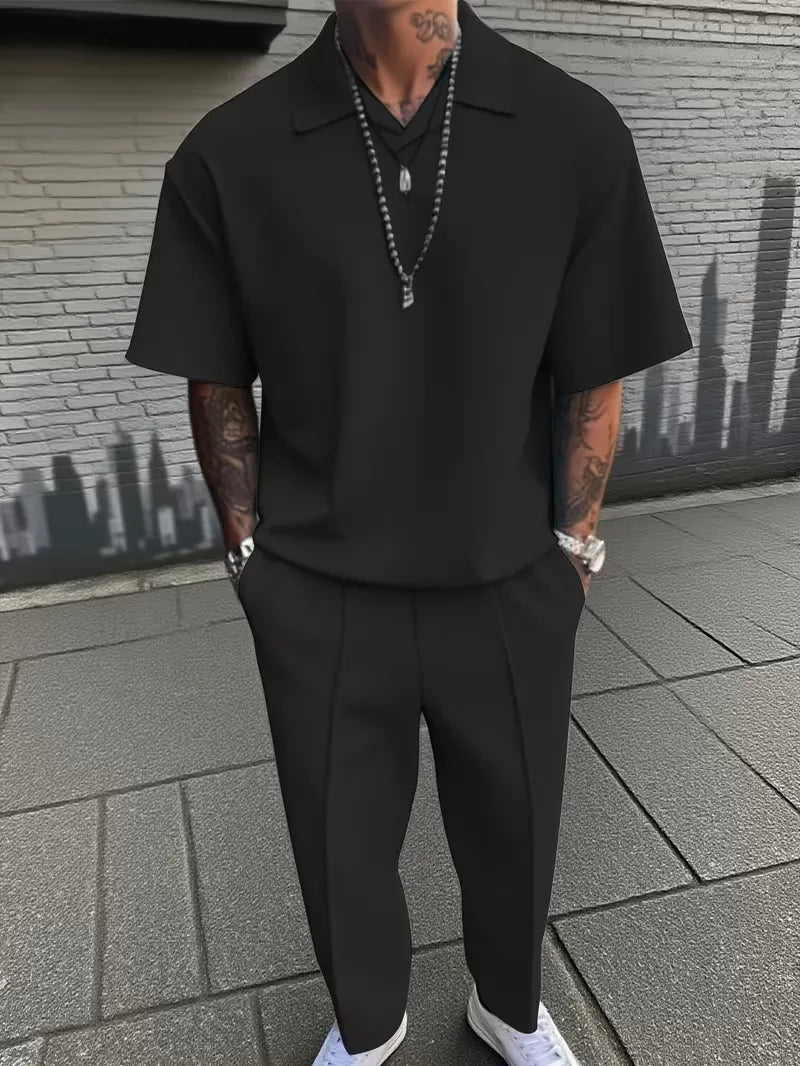 Men's Smart Casual Two-Piece Set with Polo Shirt and Straight-Leg Trousers