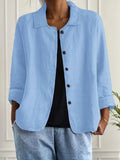 Women's Relaxed Button-Front Collared Jacket with Three-Quarter Sleeves