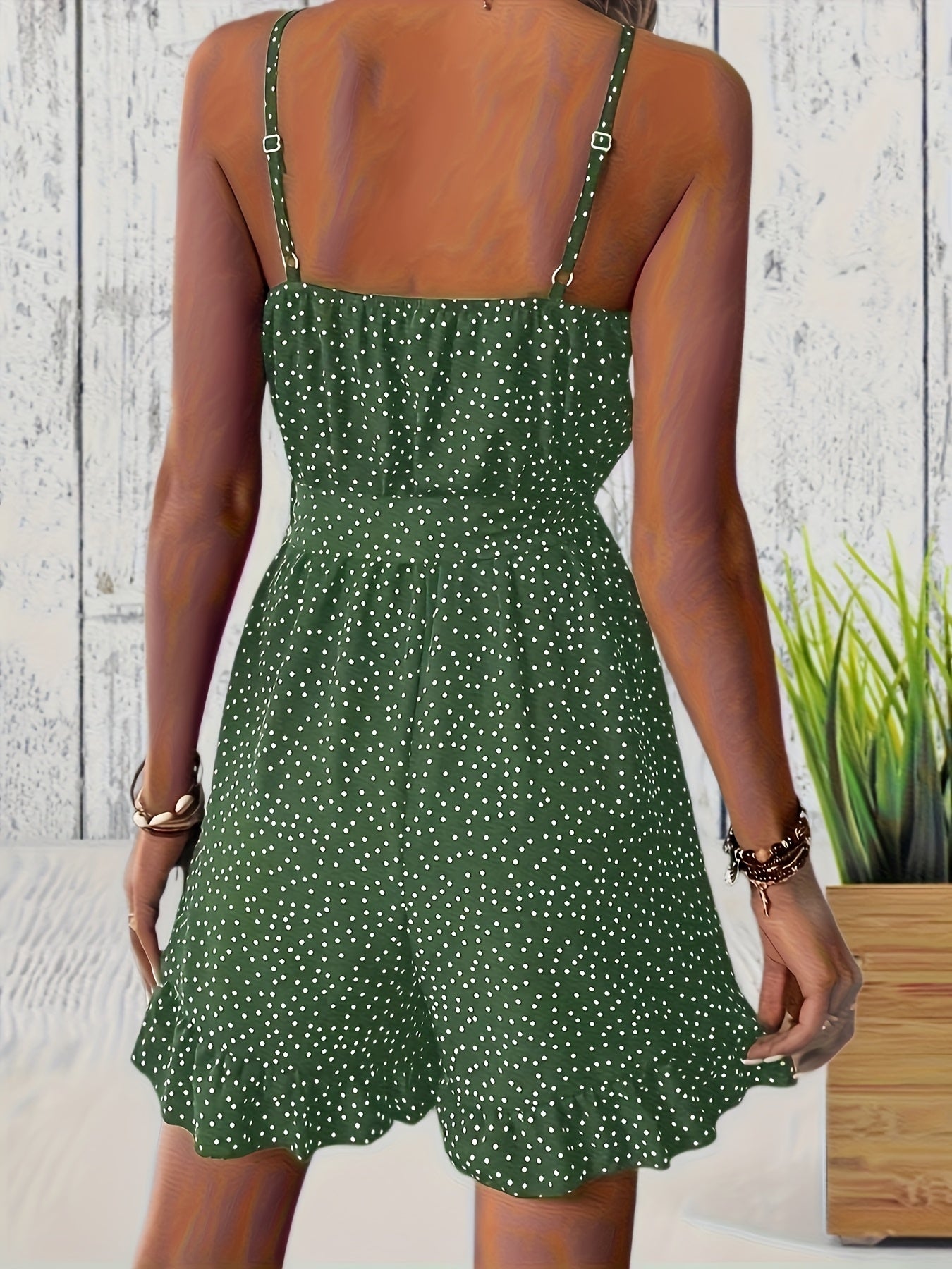 Women's Polka Dot Romper with Button Front and Adjustable Waist Tie