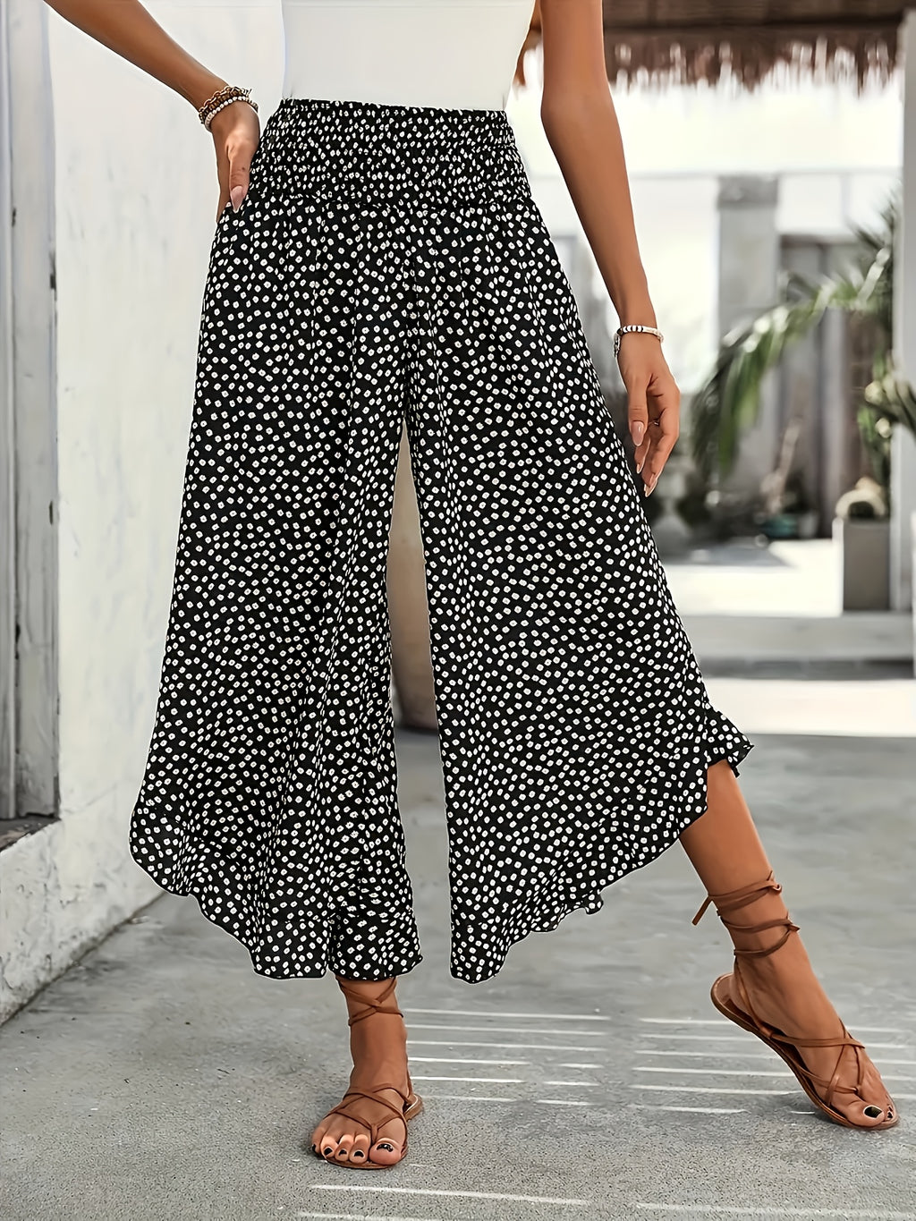 Women's Smocked Waist Wide Leg Trousers