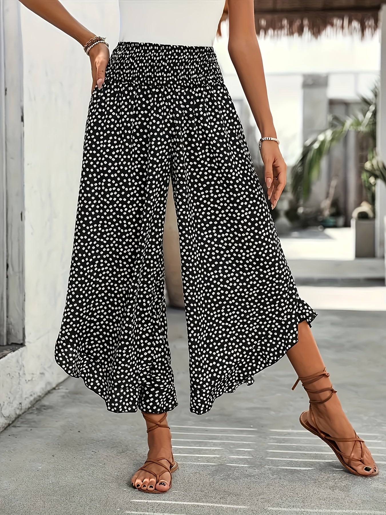 Women's Smocked Waist Wide Leg Trousers