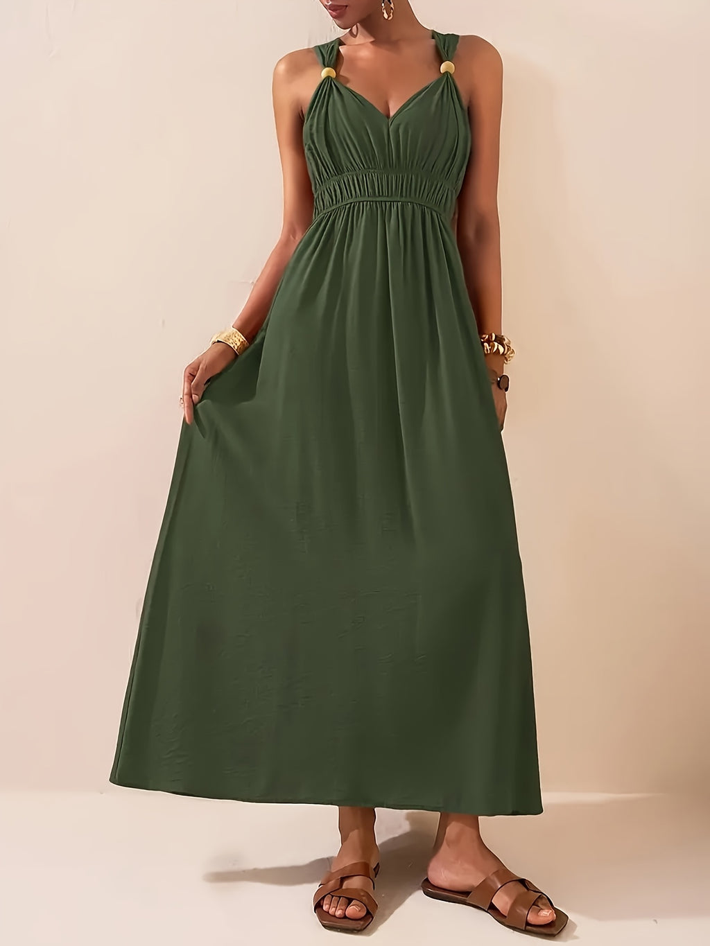 Women’s Flowing Maxi Dress with Beaded Straps and Elegant V-Neck