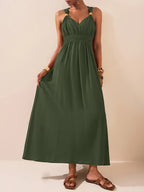 Women’s Flowing Maxi Dress with Beaded Straps and Elegant V-Neck