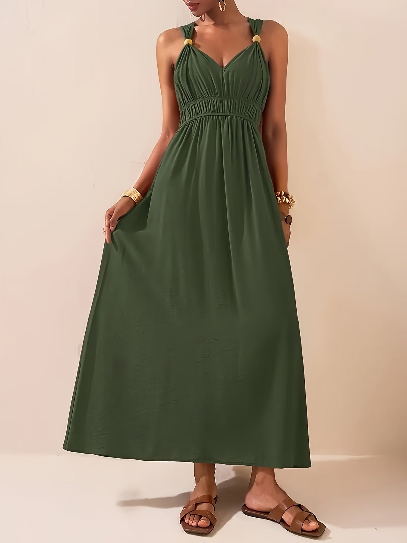 Women’s Flowing Maxi Dress with Beaded Straps and Elegant V-Neck