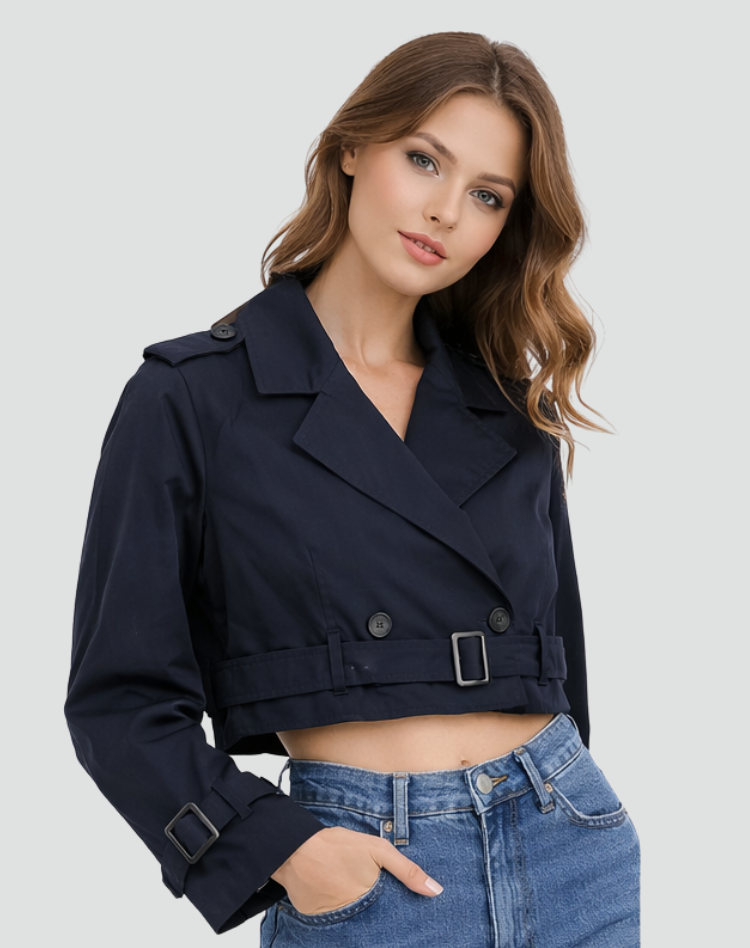Women's Cropped Trench Jacket with Belted Waist and Tailored Fit