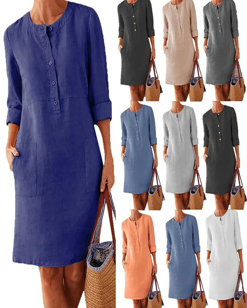 Women's Button Detail Knee-Length Dress with Roll-Up Sleeves and Pockets